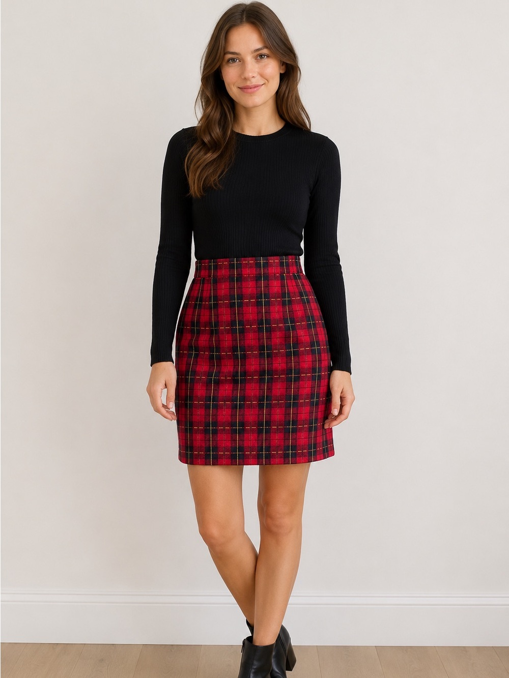 St Michael Skirt Red Tartan Plaid Size 8 High Waist Pencil United Kingdom